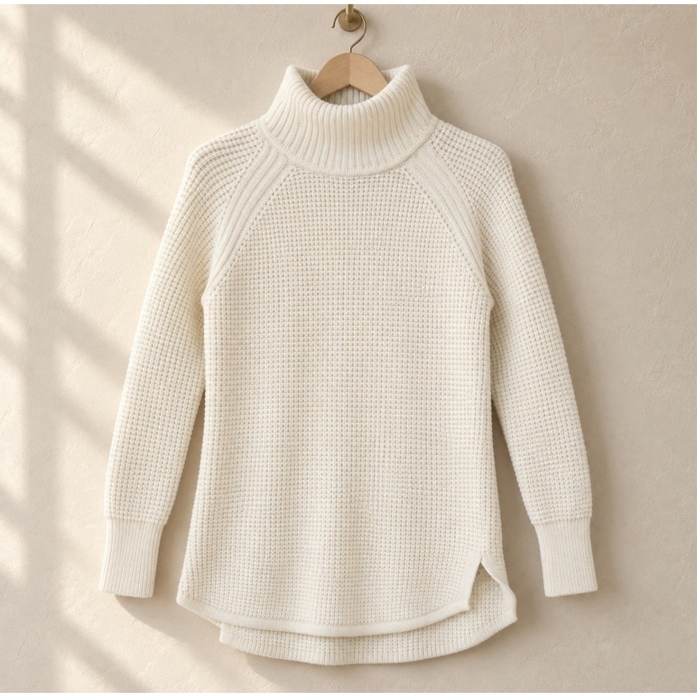 Banana Republic Waffle Knit Tunic Sweater Cream Ivory Wool Blend Turtleneck S
